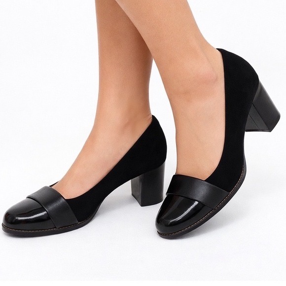 Clarks Shoes - Clarks Farah Brae Black‎ Suede Patent Block Heel Pumps 11 Dark Academia 35-04